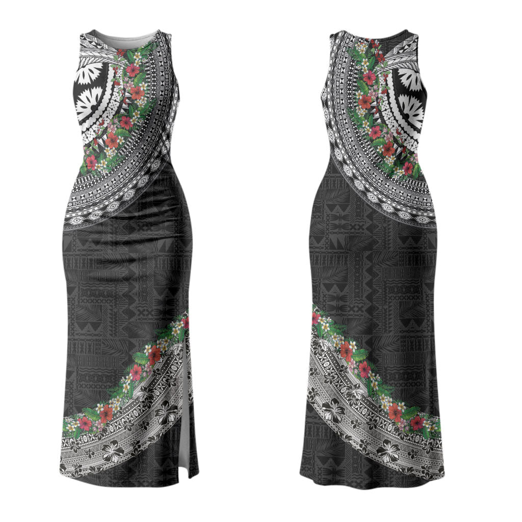Fiji Hibiscus Family Matching Tank Maxi Dress and Hawaiian Shirt Tapa Masi Motifs with Tropical Plants LT03 Mom's Dress Black - Polynesian Pride