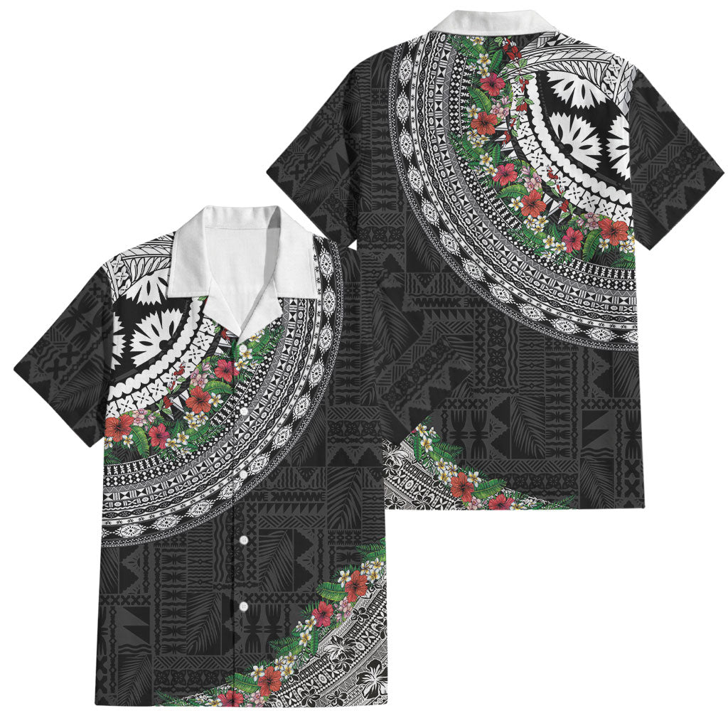 Fiji Hibiscus Family Matching Tank Maxi Dress and Hawaiian Shirt Tapa Masi Motifs with Tropical Plants LT03 Dad's Shirt - Short Sleeve Black - Polynesian Pride