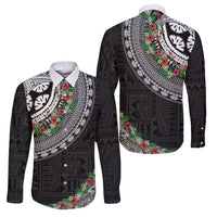 Fiji Hibiscus Family Matching Tank Maxi Dress and Hawaiian Shirt Tapa Masi Motifs with Tropical Plants LT03 Dad's Shirt - Long Sleeve Black - Polynesian Pride