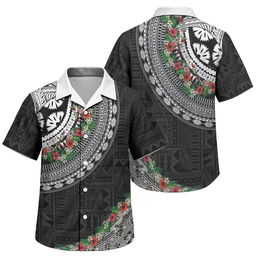 Fiji Hibiscus Family Matching Tank Maxi Dress and Hawaiian Shirt Tapa Masi Motifs with Tropical Plants LT03 Son's Shirt Black - Polynesian Pride