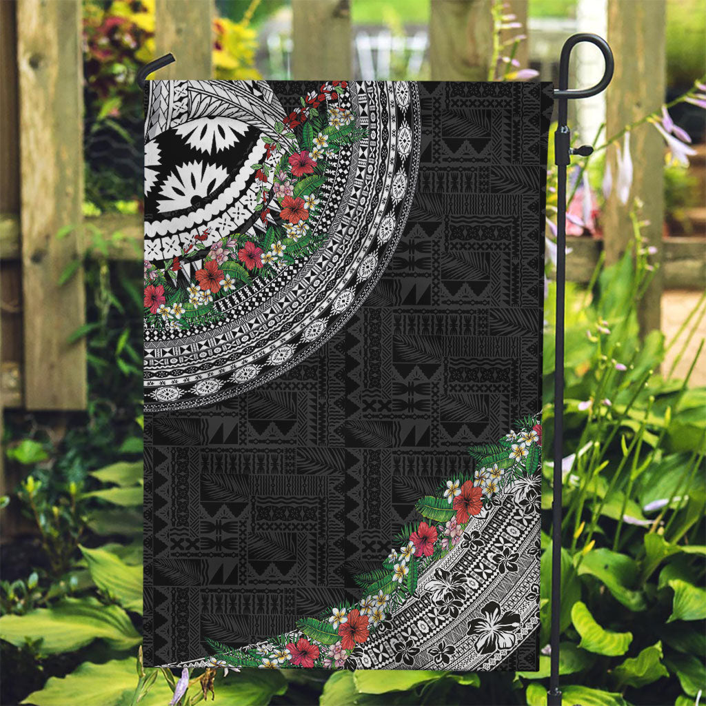 Fiji Hibiscus Garden Flag Tapa Masi Motifs with Tropical Plants LT03 Garden Flag Black - Polynesian Pride