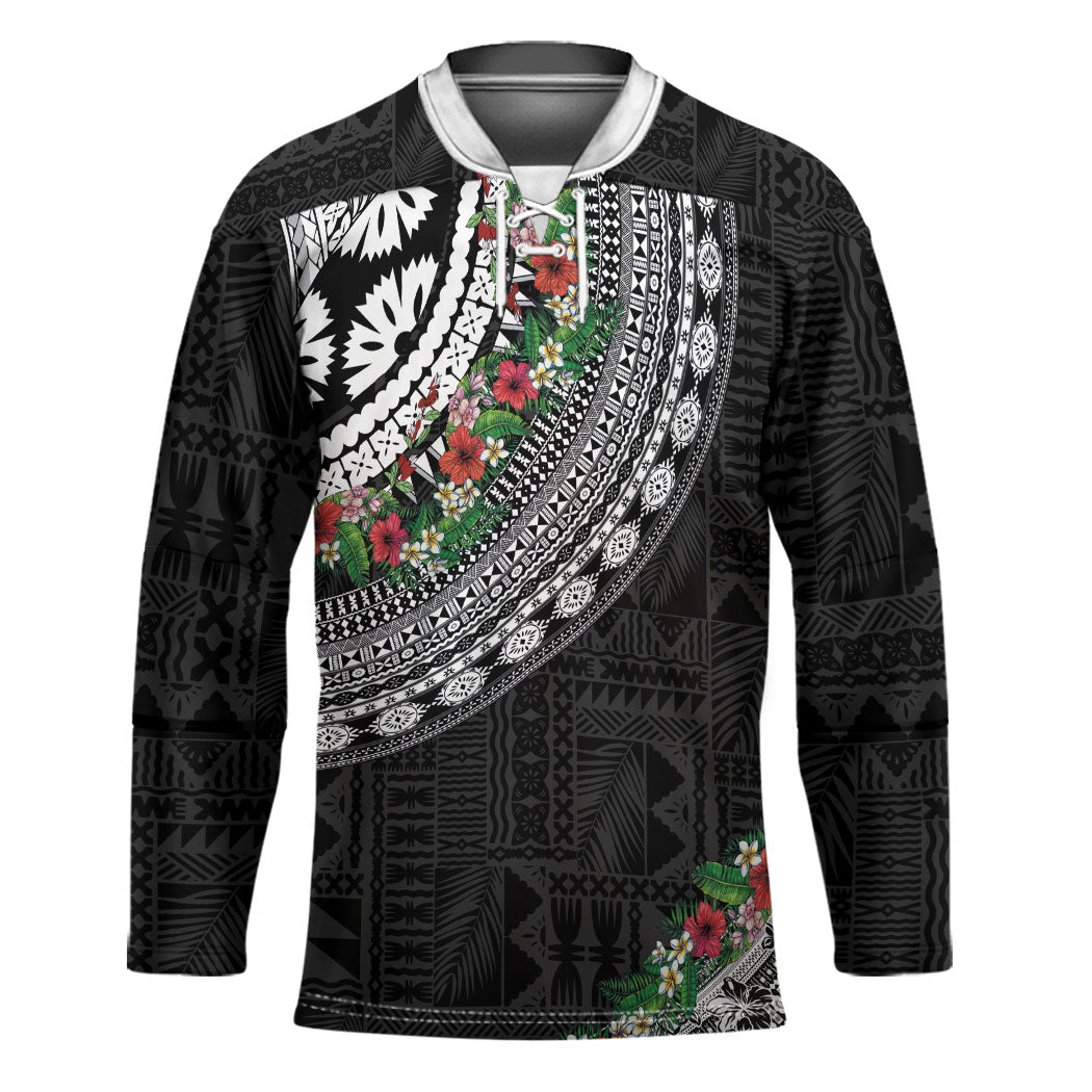 Fiji Hibiscus Hockey Jersey Tapa Masi Motifs with Tropical Plants LT03 Unisex Black - Polynesian Pride