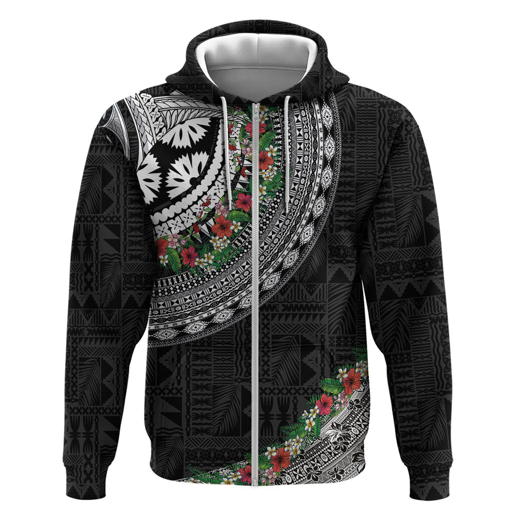 Fiji Hibiscus Hoodie Tapa Masi Motifs with Tropical Plants LT03 Zip Hoodie Black - Polynesian Pride