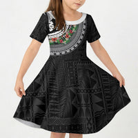 Fiji Hibiscus Kid Short Sleeve Dress Tapa Masi Motifs with Tropical Plants LT03 KID Black - Polynesian Pride