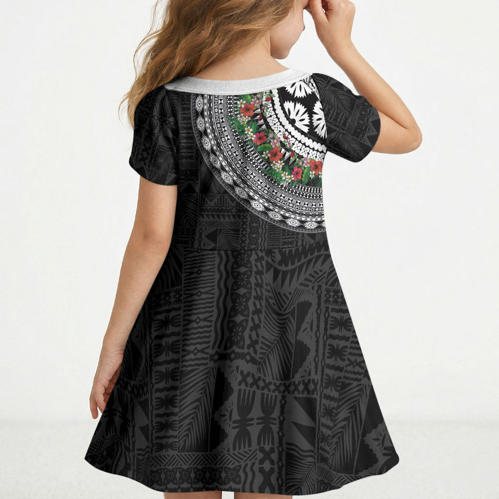 Fiji Hibiscus Kid Short Sleeve Dress Tapa Masi Motifs with Tropical Plants LT03 - Polynesian Pride
