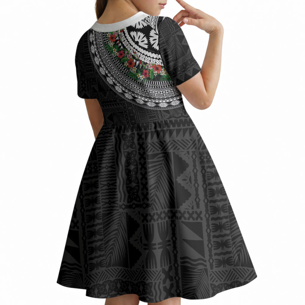 Fiji Hibiscus Kid Short Sleeve Dress Tapa Masi Motifs with Tropical Plants LT03 - Polynesian Pride