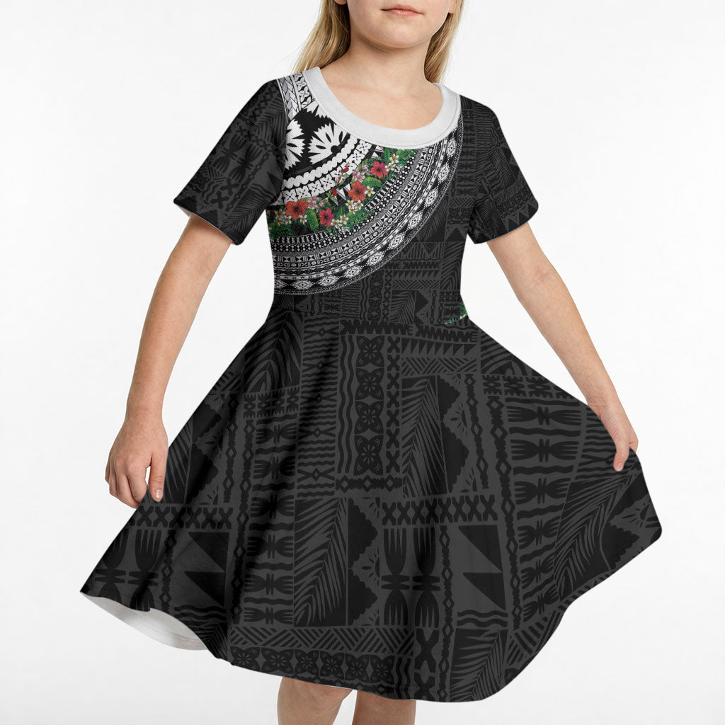 Fiji Hibiscus Kid Short Sleeve Dress Tapa Masi Motifs with Tropical Plants LT03 - Polynesian Pride