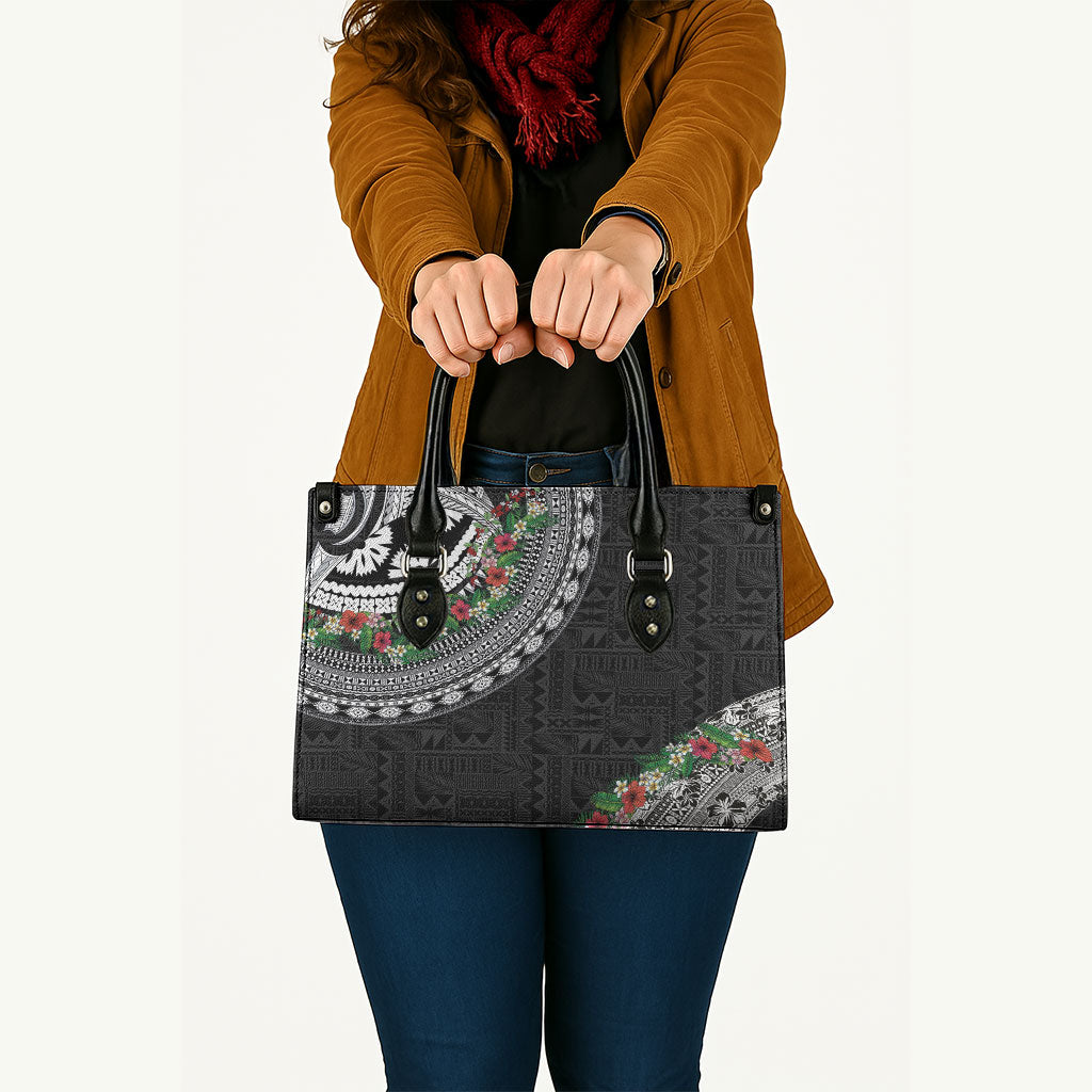 Fiji Hibiscus Leather Bag Tapa Masi Motifs with Tropical Plants LT03 - Polynesian Pride