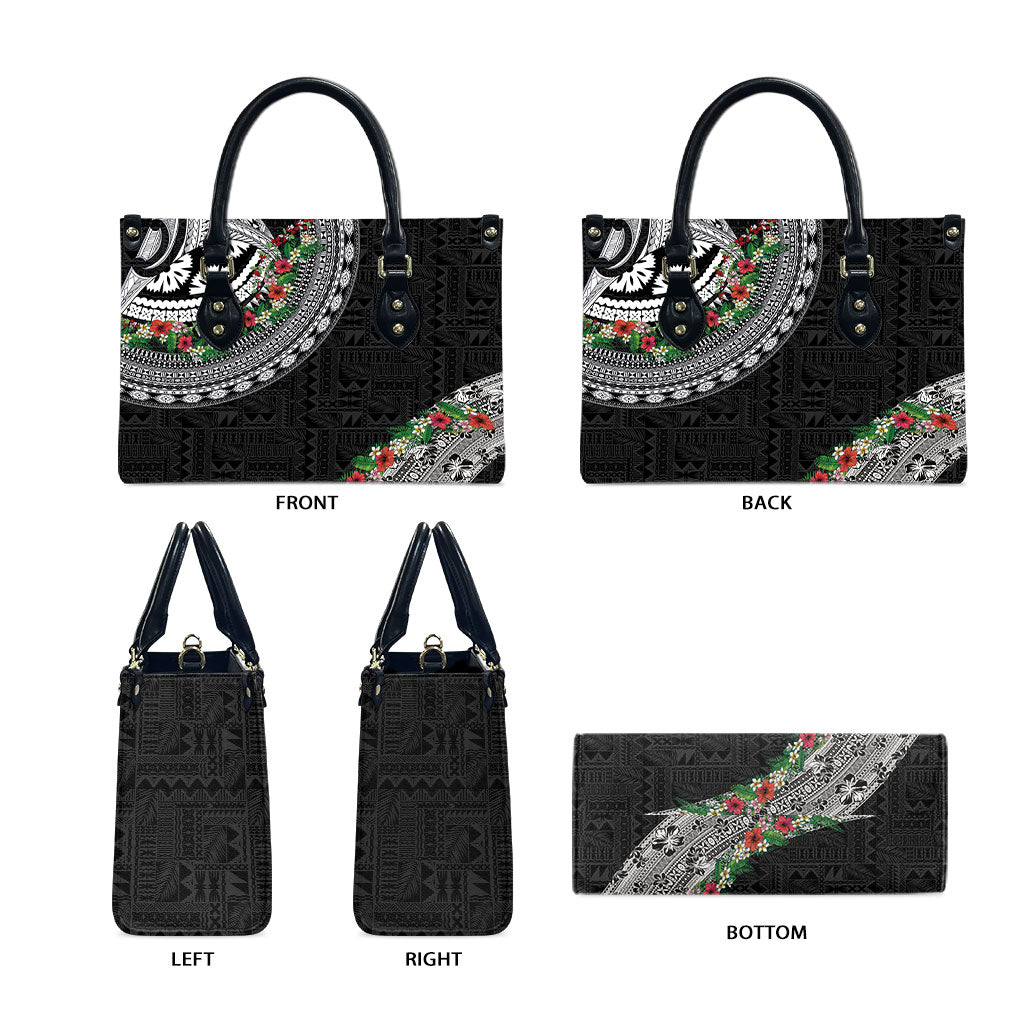 Fiji Hibiscus Leather Bag Tapa Masi Motifs with Tropical Plants LT03 - Polynesian Pride