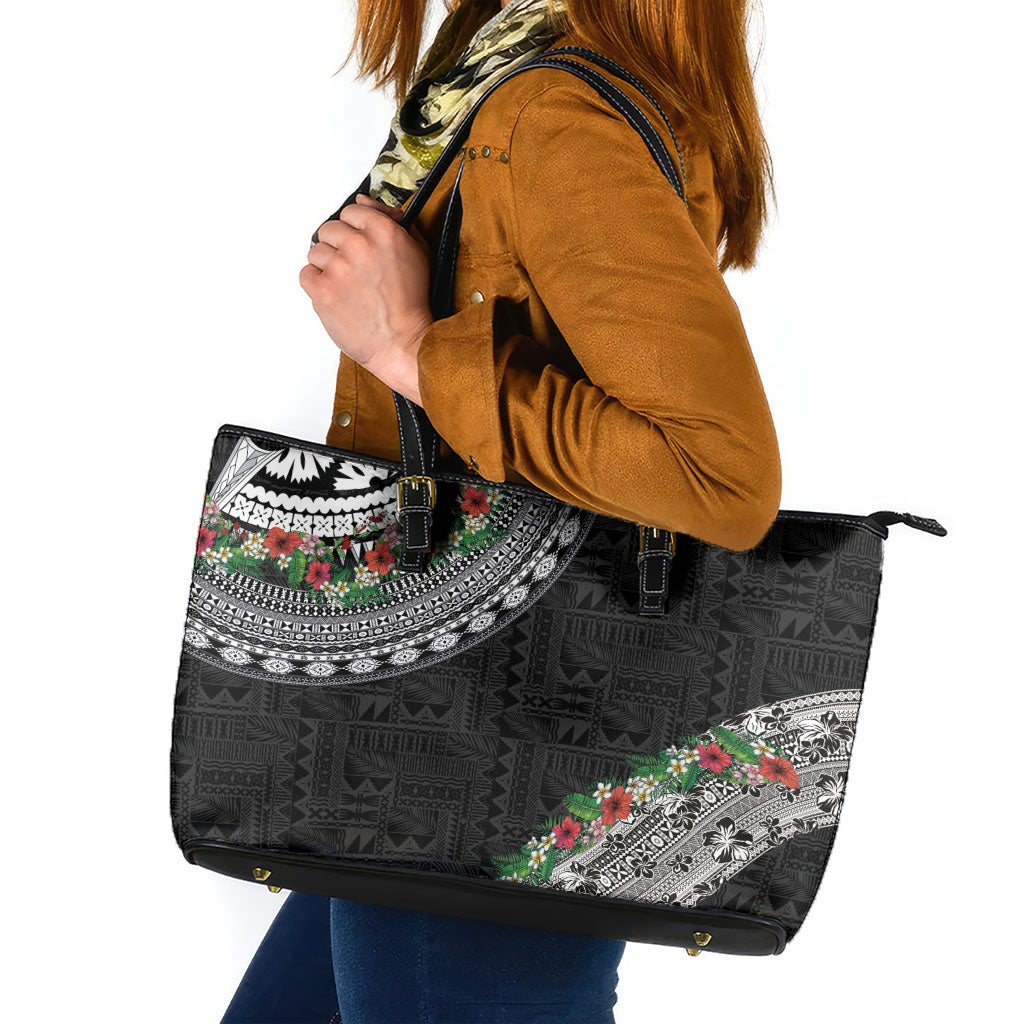 Fiji Hibiscus Leather Tote Bag Tapa Masi Motifs with Tropical Plants