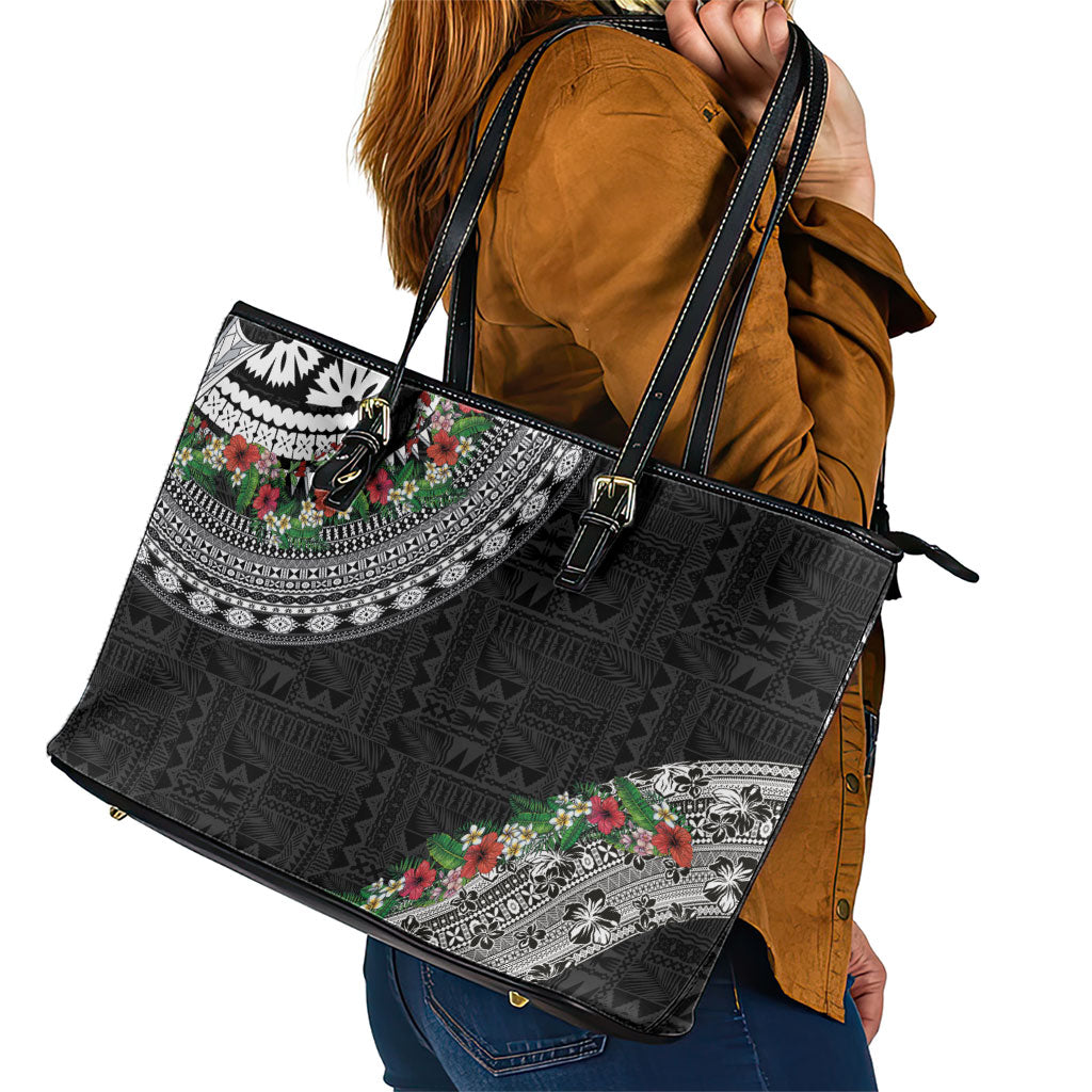 Fiji Hibiscus Leather Tote Bag Tapa Masi Motifs with Tropical Plants