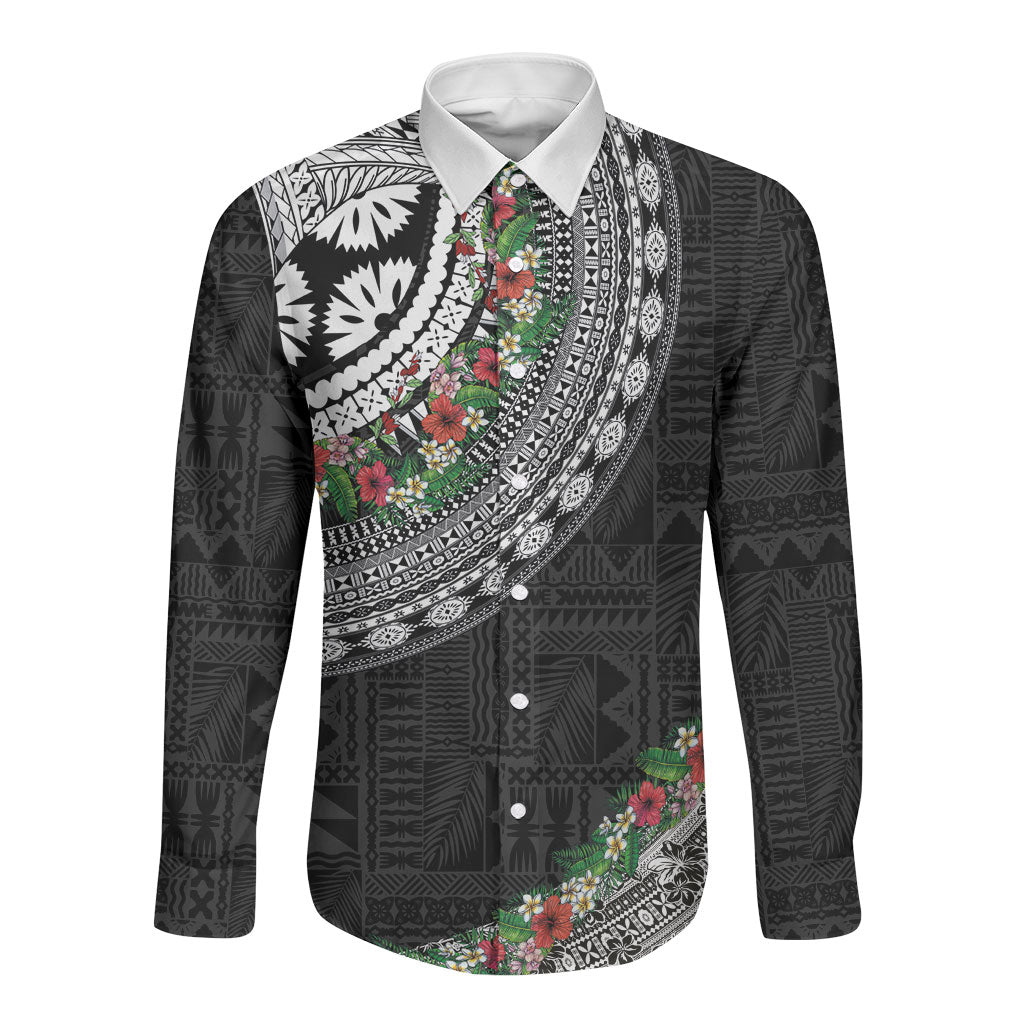 Fiji Hibiscus Long Sleeve Button Shirt Tapa Masi Motifs with Tropical Plants LT03 Unisex Black - Polynesian Pride