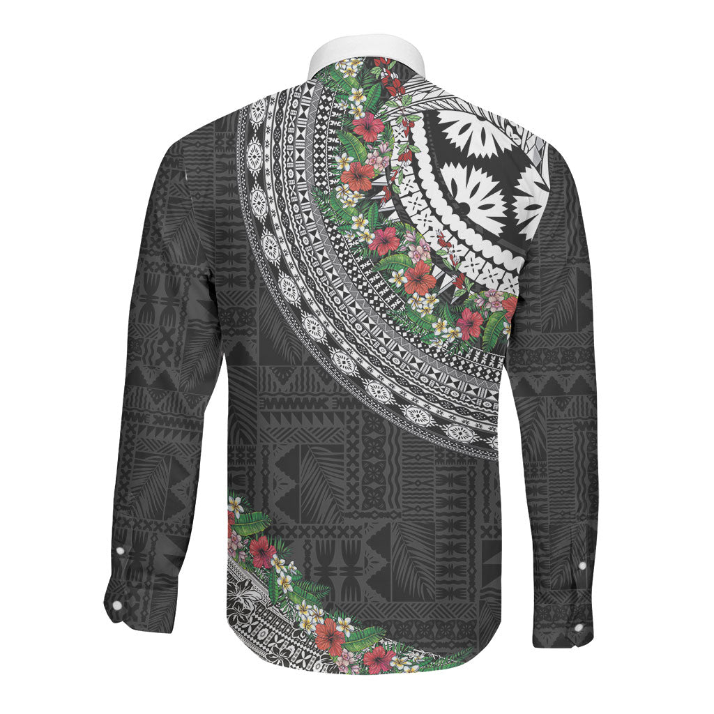 Fiji Hibiscus Long Sleeve Button Shirt Tapa Masi Motifs with Tropical Plants LT03 - Polynesian Pride