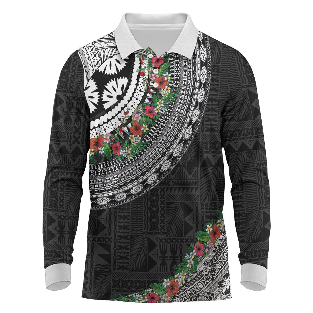 Fiji Hibiscus Long Sleeve Polo Shirt Tapa Masi Motifs with Tropical Plants