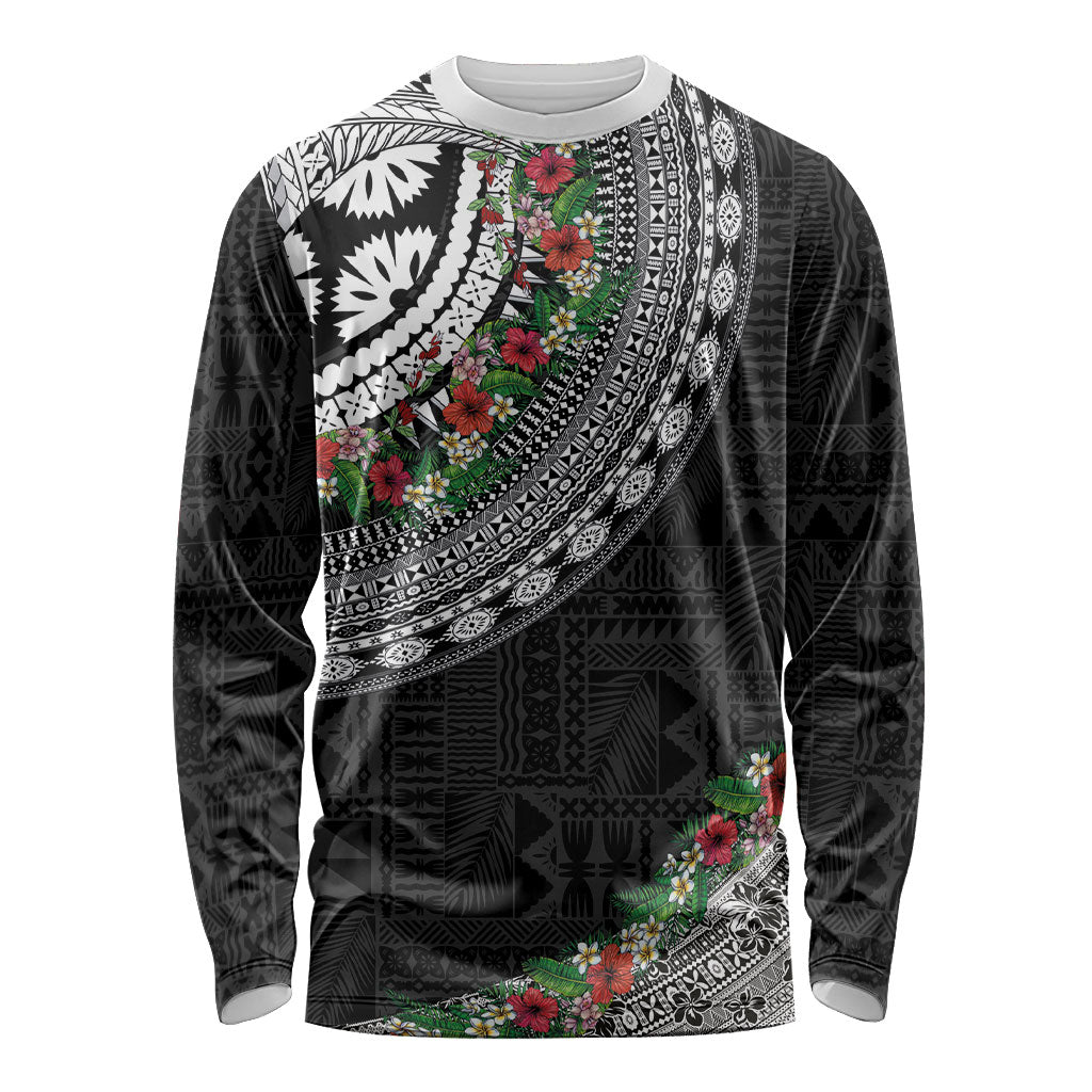 Fiji Hibiscus Long Sleeve Shirt Tapa Masi Motifs with Tropical Plants LT03 Unisex Black - Polynesian Pride