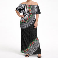 Fiji Hibiscus Off Shoulder Maxi Dress Tapa Masi Motifs with Tropical Plants LT03 Women Black - Polynesian Pride