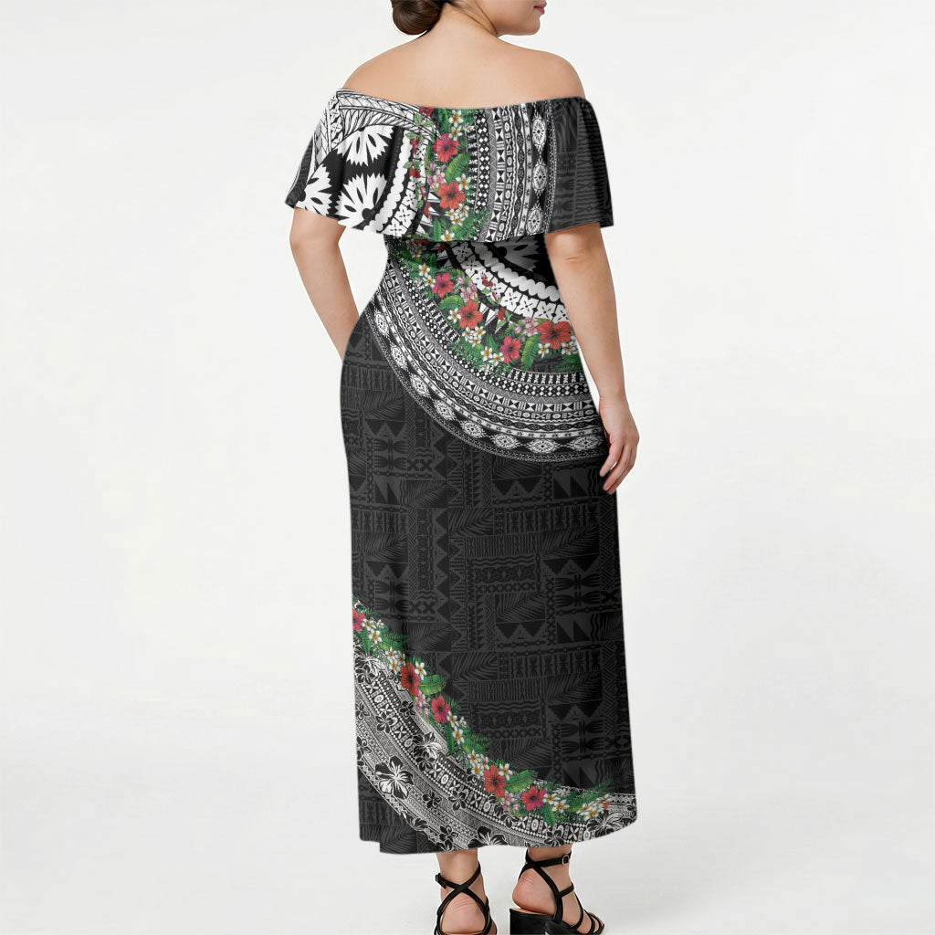 Fiji Hibiscus Off Shoulder Maxi Dress Tapa Masi Motifs with Tropical Plants LT03 - Polynesian Pride