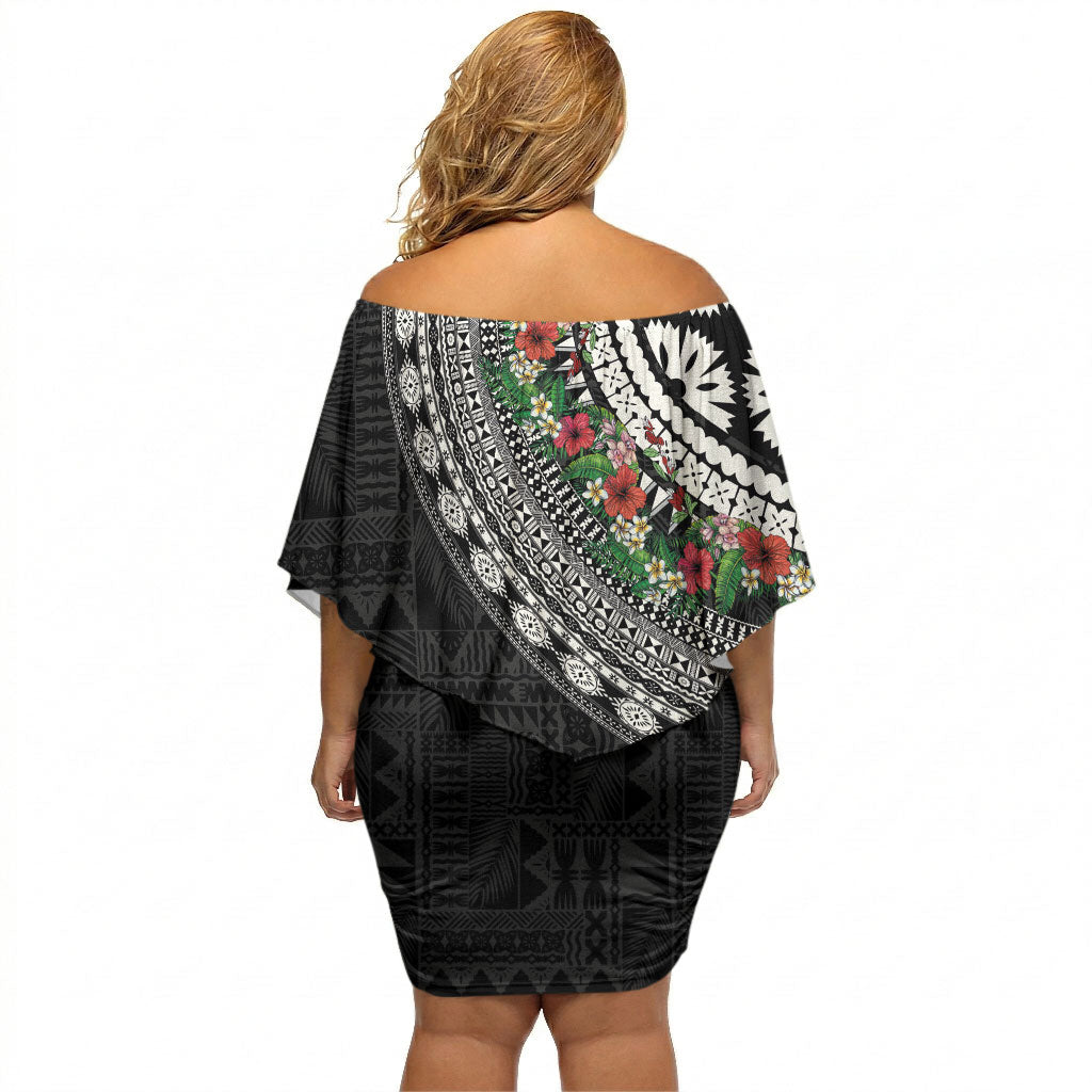 Fiji Hibiscus Off Shoulder Short Dress Tapa Masi Motifs with Tropical Plants LT03 - Polynesian Pride