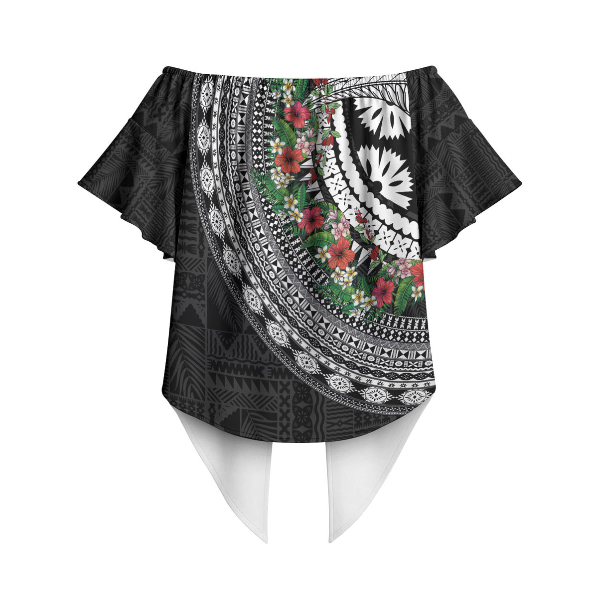 Fiji Hibiscus Off Shoulder Wrap Waist Top Tapa Masi Motifs with Tropical Plants LT03 - Polynesian Pride