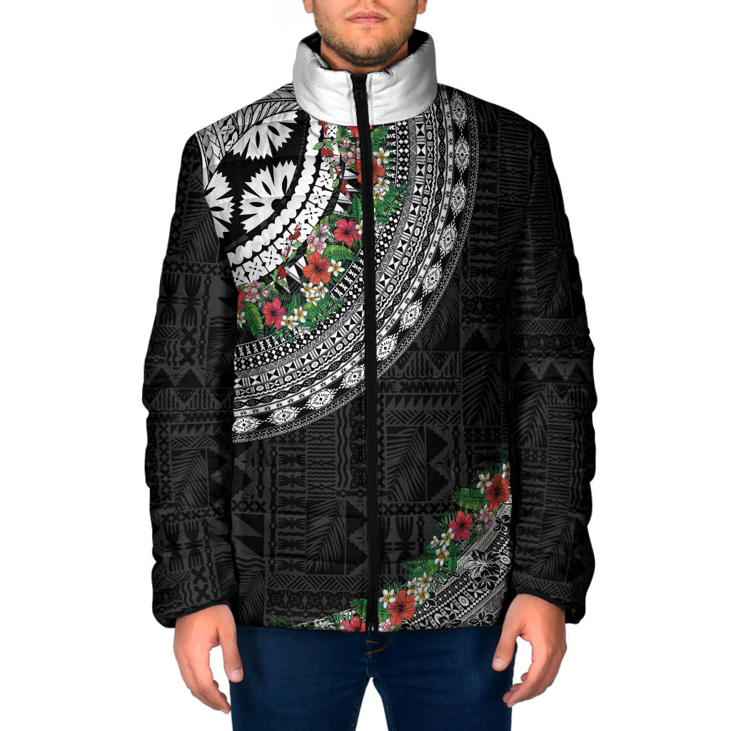 Fiji Hibiscus Padded Jacket Tapa Masi Motifs with Tropical Plants LT03 Men Black - Polynesian Pride