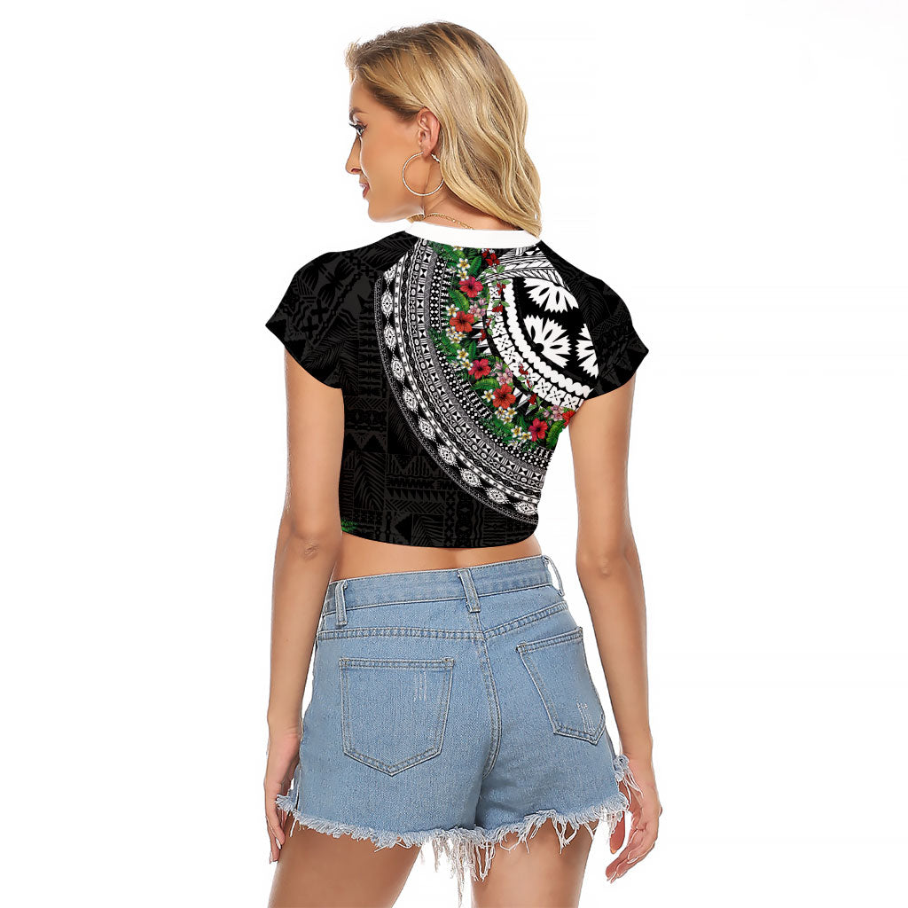Fiji Hibiscus Raglan Cropped T Shirt Tapa Masi Motifs with Tropical Plants LT03 - Polynesian Pride