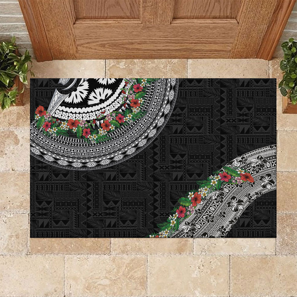 Fiji Hibiscus Rubber Doormat Tapa Masi Motifs with Tropical Plants LT03 Black - Polynesian Pride