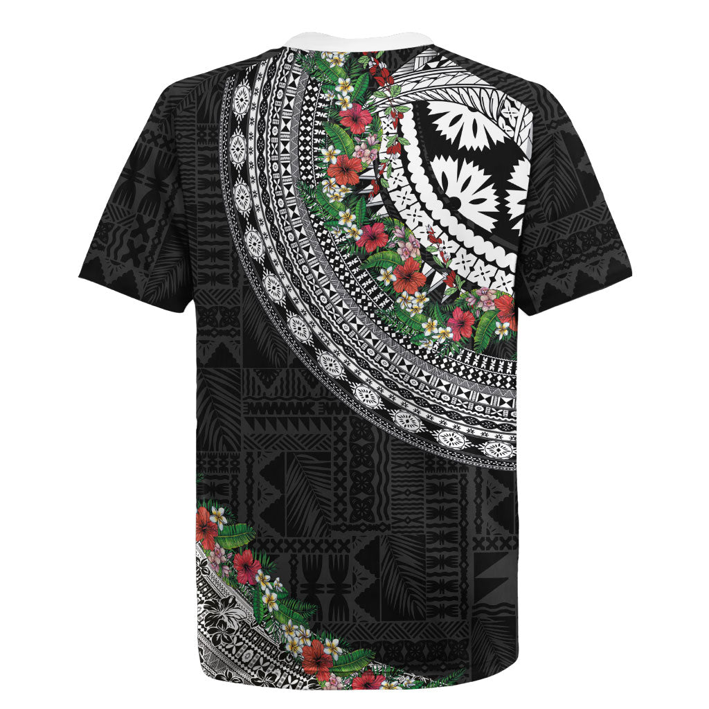 Fiji Hibiscus Rugby Jersey Tapa Masi Motifs with Tropical Plants LT03 - Polynesian Pride