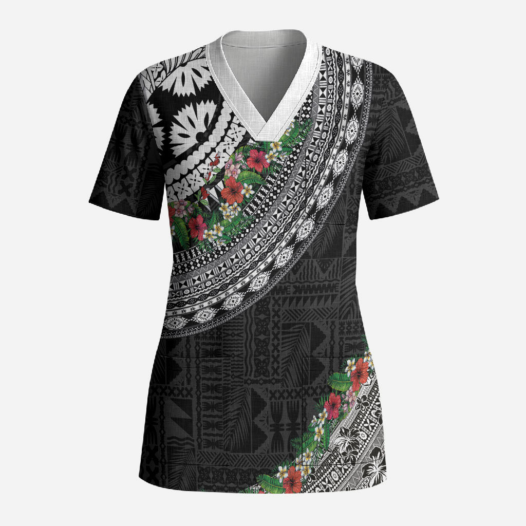 Fiji Hibiscus Scrub Top Tapa Masi Motifs with Tropical Plants LT03 Adult Black - Polynesian Pride