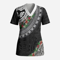 Fiji Hibiscus Scrub Top Tapa Masi Motifs with Tropical Plants LT03 Adult Black - Polynesian Pride