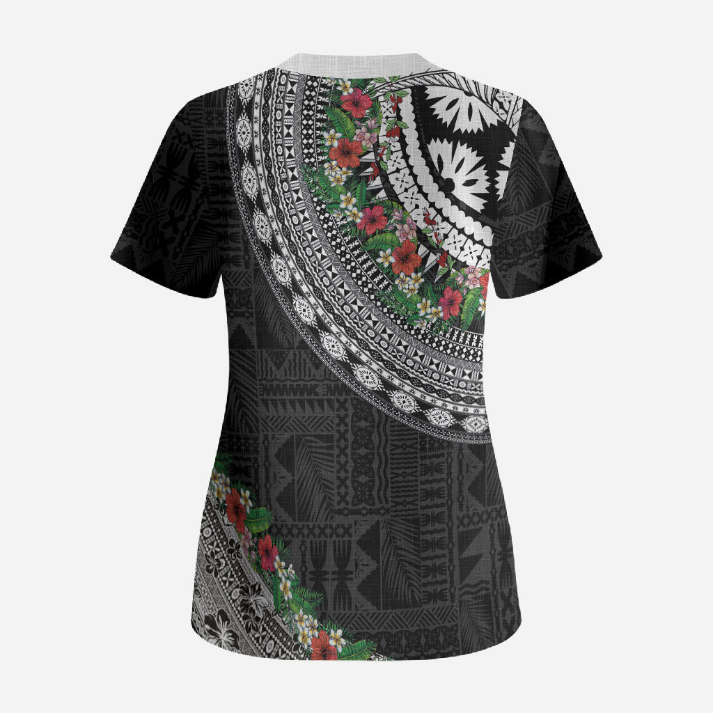 Fiji Hibiscus Scrub Top Tapa Masi Motifs with Tropical Plants LT03 - Polynesian Pride