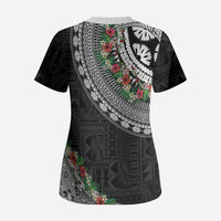 Fiji Hibiscus Scrub Top Tapa Masi Motifs with Tropical Plants LT03 - Polynesian Pride