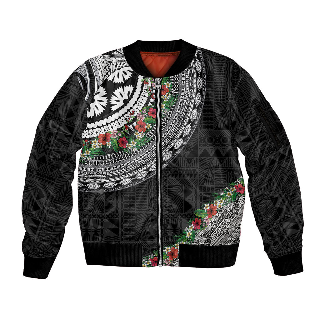 Fiji Hibiscus Sleeve Zip Bomber Jacket Tapa Masi Motifs with Tropical Plants LT03 Unisex Black - Polynesian Pride