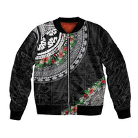 Fiji Hibiscus Sleeve Zip Bomber Jacket Tapa Masi Motifs with Tropical Plants LT03 Unisex Black - Polynesian Pride