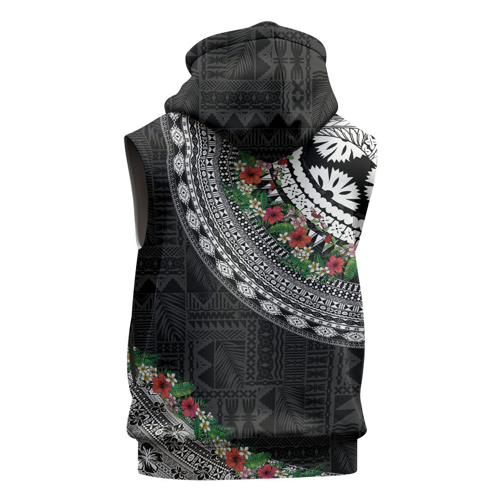 Fiji Hibiscus Sleeveless Hoodie Tapa Masi Motifs with Tropical Plants LT03 - Polynesian Pride