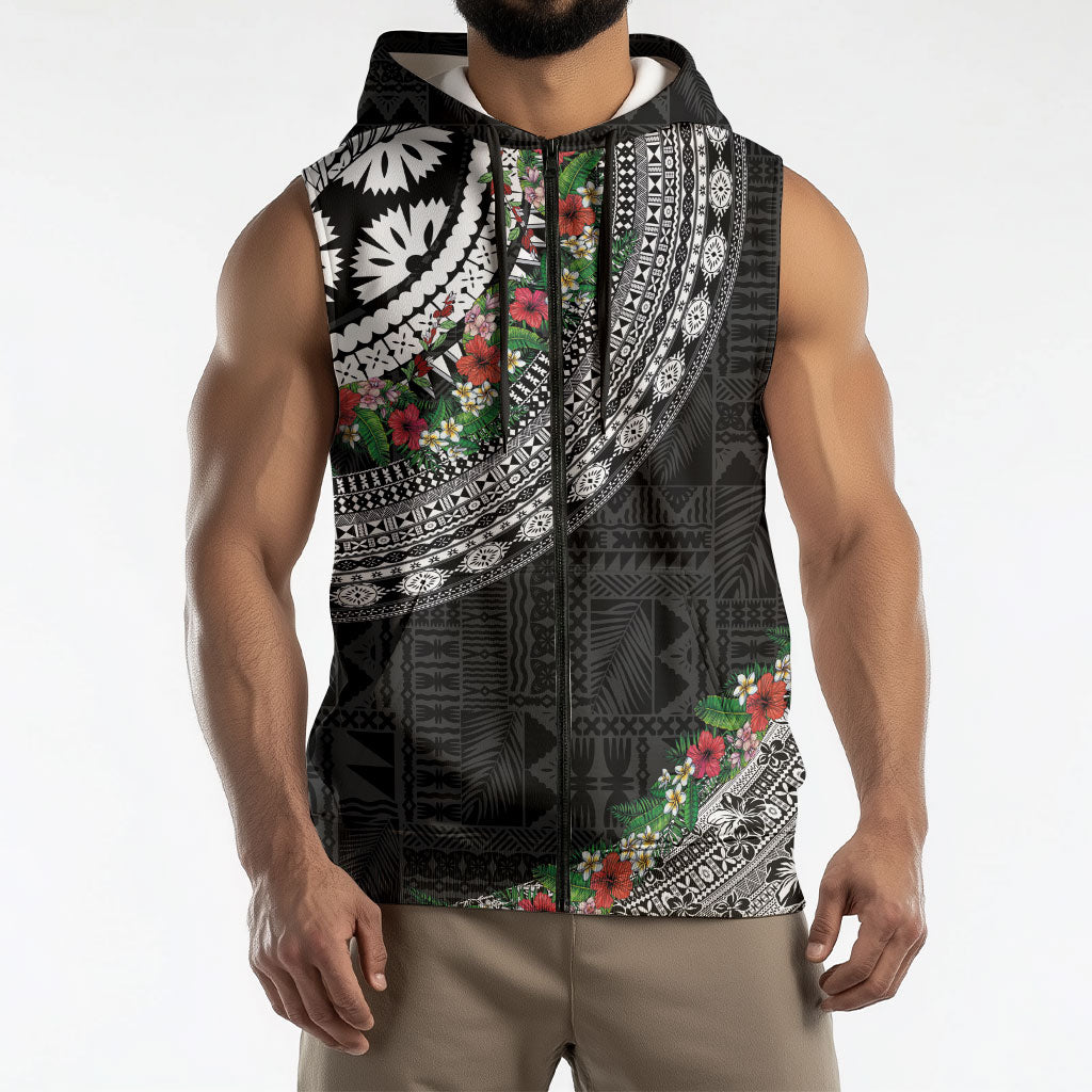 Fiji Hibiscus Sleeveless Zip Hoodie Tapa Masi Motifs with Tropical Plants LT03 - Polynesian Pride