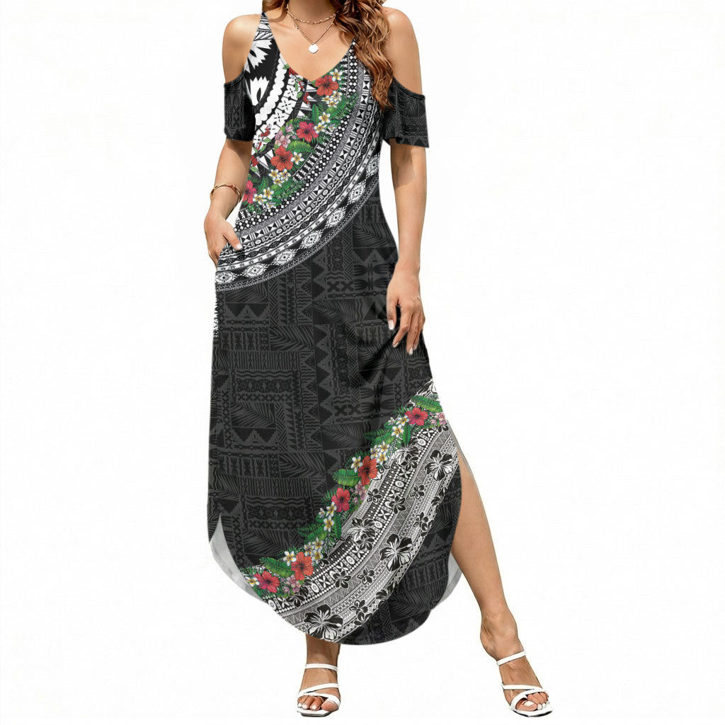 Fiji Hibiscus Summer Maxi Dress Tapa Masi Motifs with Tropical Plants LT03 Women Black - Polynesian Pride