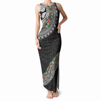 Fiji Hibiscus Tank Maxi Dress Tapa Masi Motifs with Tropical Plants LT03 Women Black - Polynesian Pride