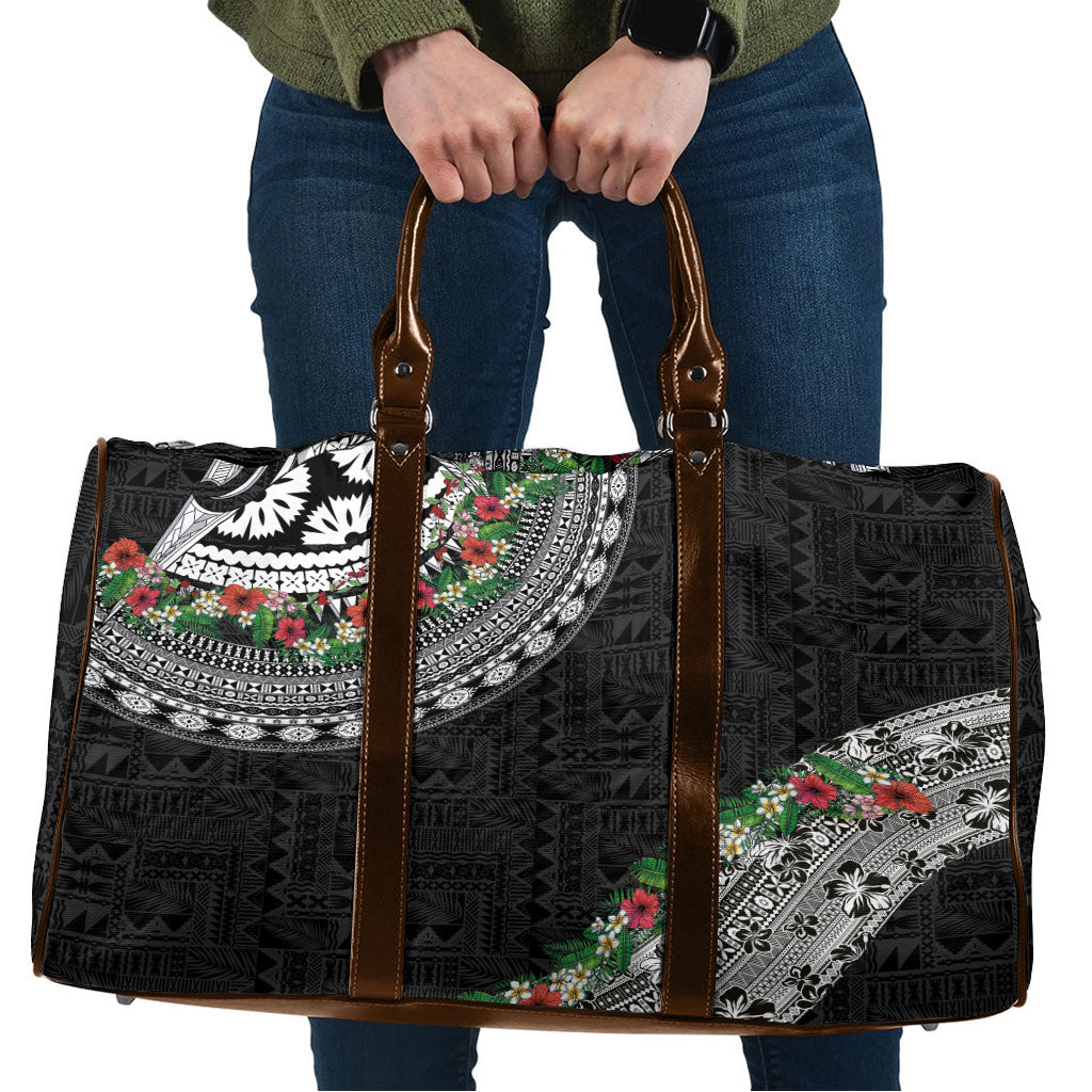 Fiji Hibiscus Travel Bag Tapa Masi Motifs with Tropical Plants LT03 Black - Polynesian Pride