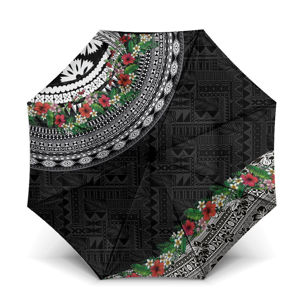 Fiji Hibiscus Umbrella Tapa Masi Motifs with Tropical Plants LT03 One Size Folded 11.42 inch Opened Diameter 37.4 inch Black - Polynesian Pride