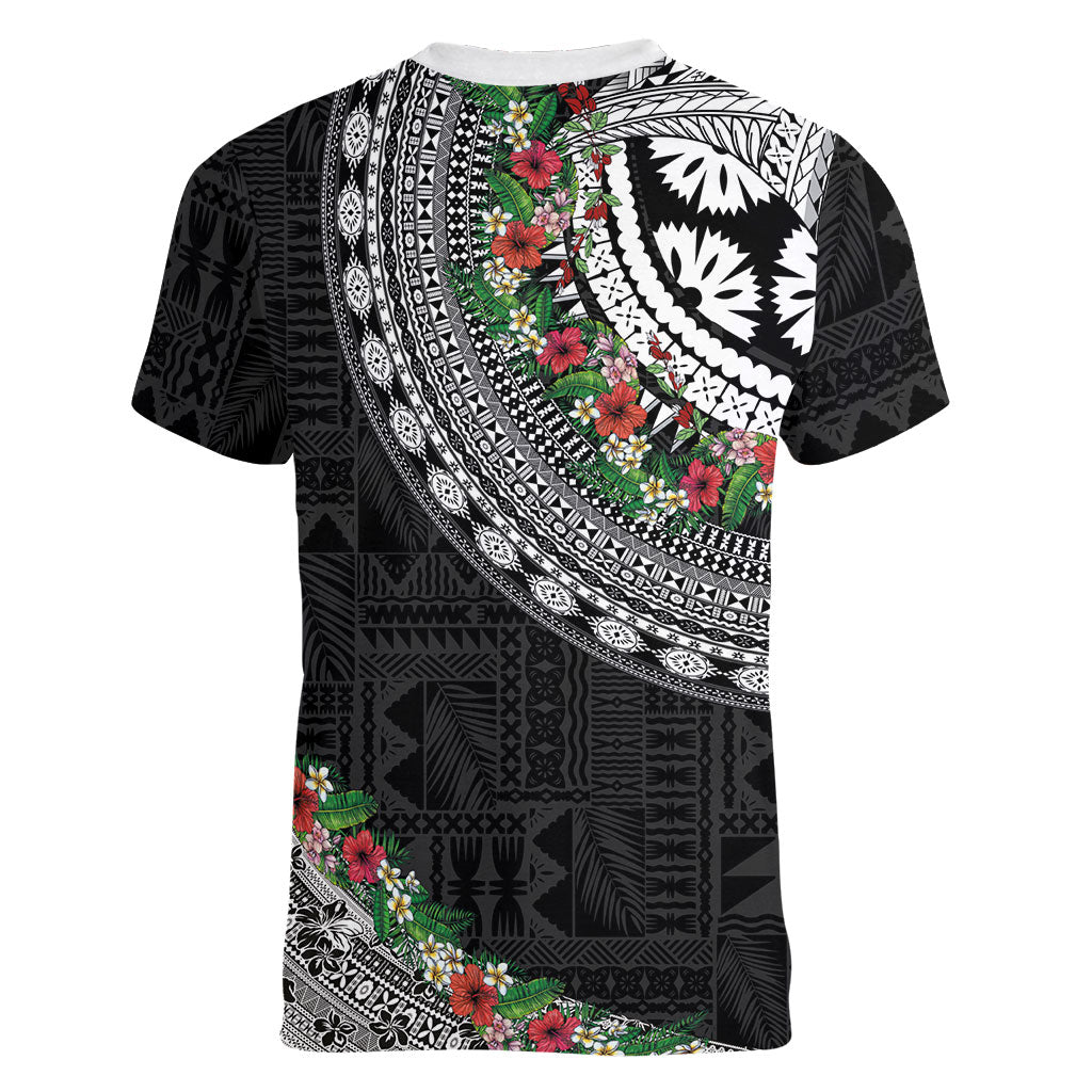 Fiji Hibiscus Women V-Neck T-Shirt Tapa Masi Motifs with Tropical Plants LT03 - Polynesian Pride
