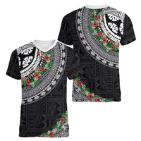 Fiji Hibiscus Women V-Neck T-Shirt Tapa Masi Motifs with Tropical Plants LT03 - Polynesian Pride