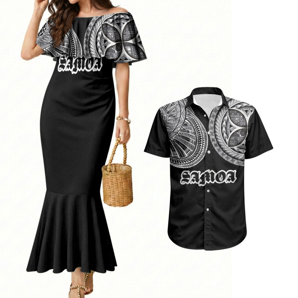 Samoa Traditional Tattoo Couples Matching Mermaid Dress and Hawaiian Shirt Tribal Tatau Pattern LT03 Black - Polynesian Pride