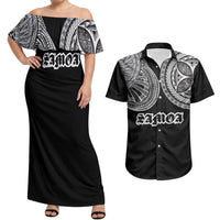 Samoa Traditional Tattoo Couples Matching Off Shoulder Maxi Dress and Hawaiian Shirt Tribal Tatau Pattern LT03 Black - Polynesian Pride