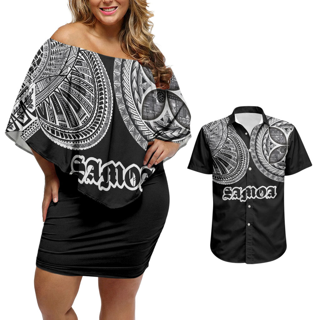 Samoa Traditional Tattoo Couples Matching Off Shoulder Short Dress and Hawaiian Shirt Tribal Tatau Pattern LT03 Black - Polynesian Pride