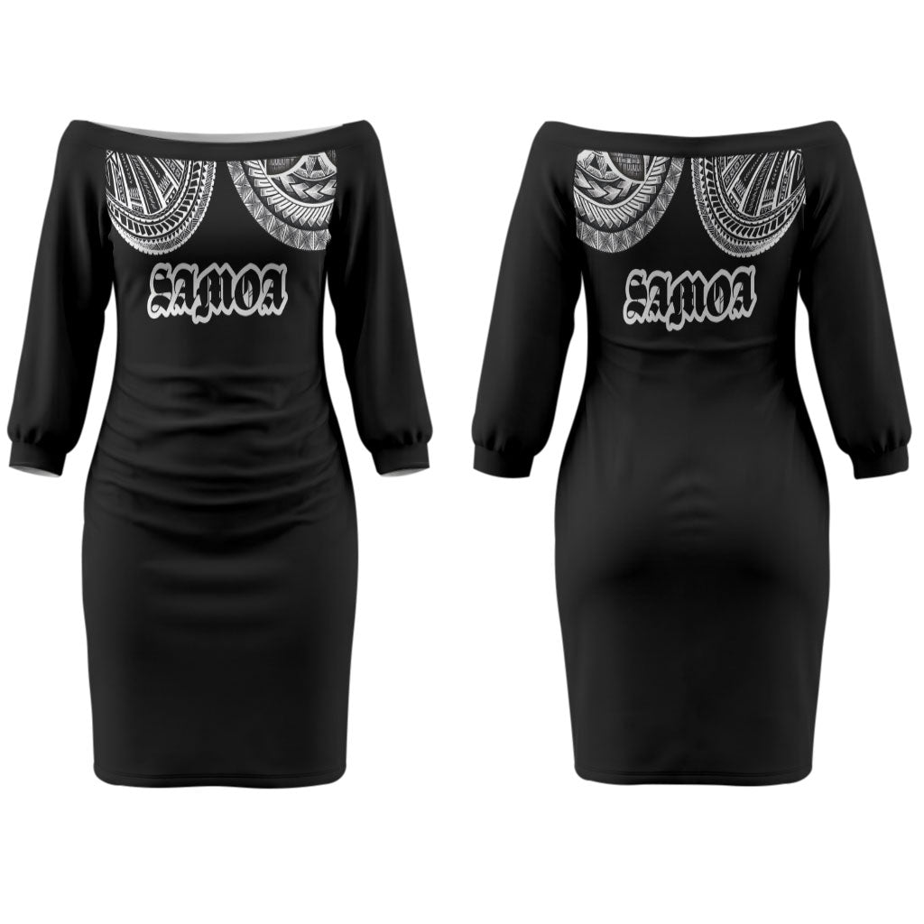Samoa Traditional Tattoo Couples Matching Off The Shoulder Long Sleeve Dress and Hawaiian Shirt Tribal Tatau Pattern LT03 - Polynesian Pride