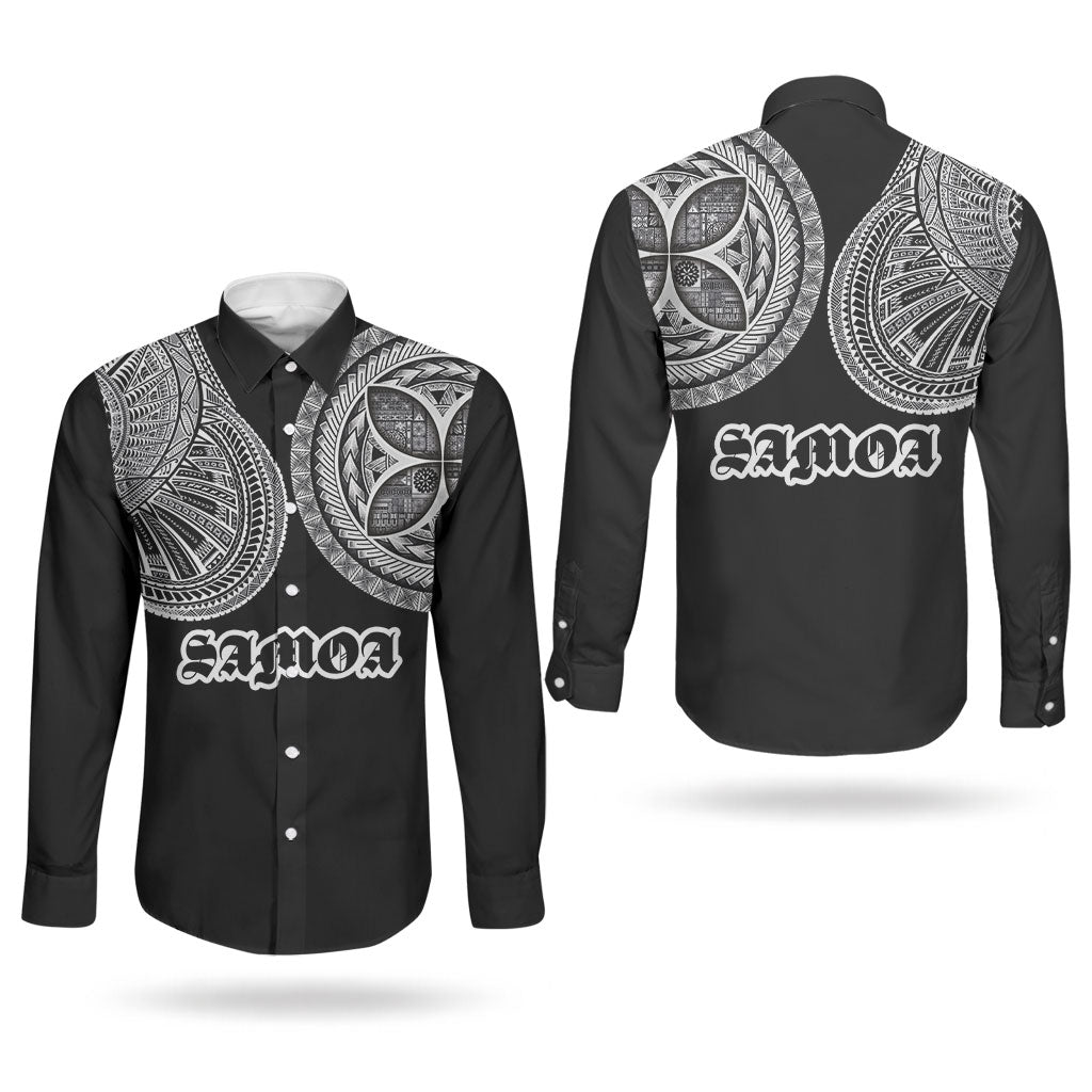 Samoa Traditional Tattoo Couples Matching Off The Shoulder Long Sleeve Dress and Long Sleeve Button Shirt Tribal Tatau Pattern LT03 - Polynesian Pride
