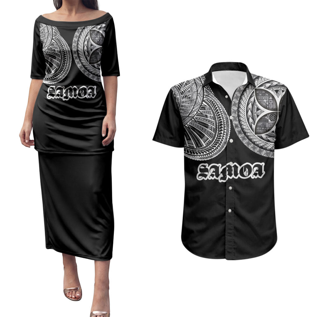 Samoa Traditional Tattoo Couples Matching Puletasi and Hawaiian Shirt Tribal Tatau Pattern LT03 Black - Polynesian Pride