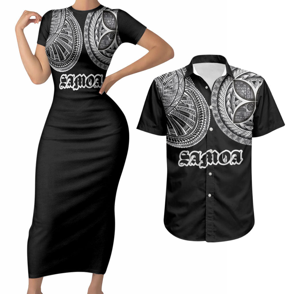 Samoa Traditional Tattoo Couples Matching Short Sleeve Bodycon Dress and Hawaiian Shirt Tribal Tatau Pattern LT03 Black - Polynesian Pride