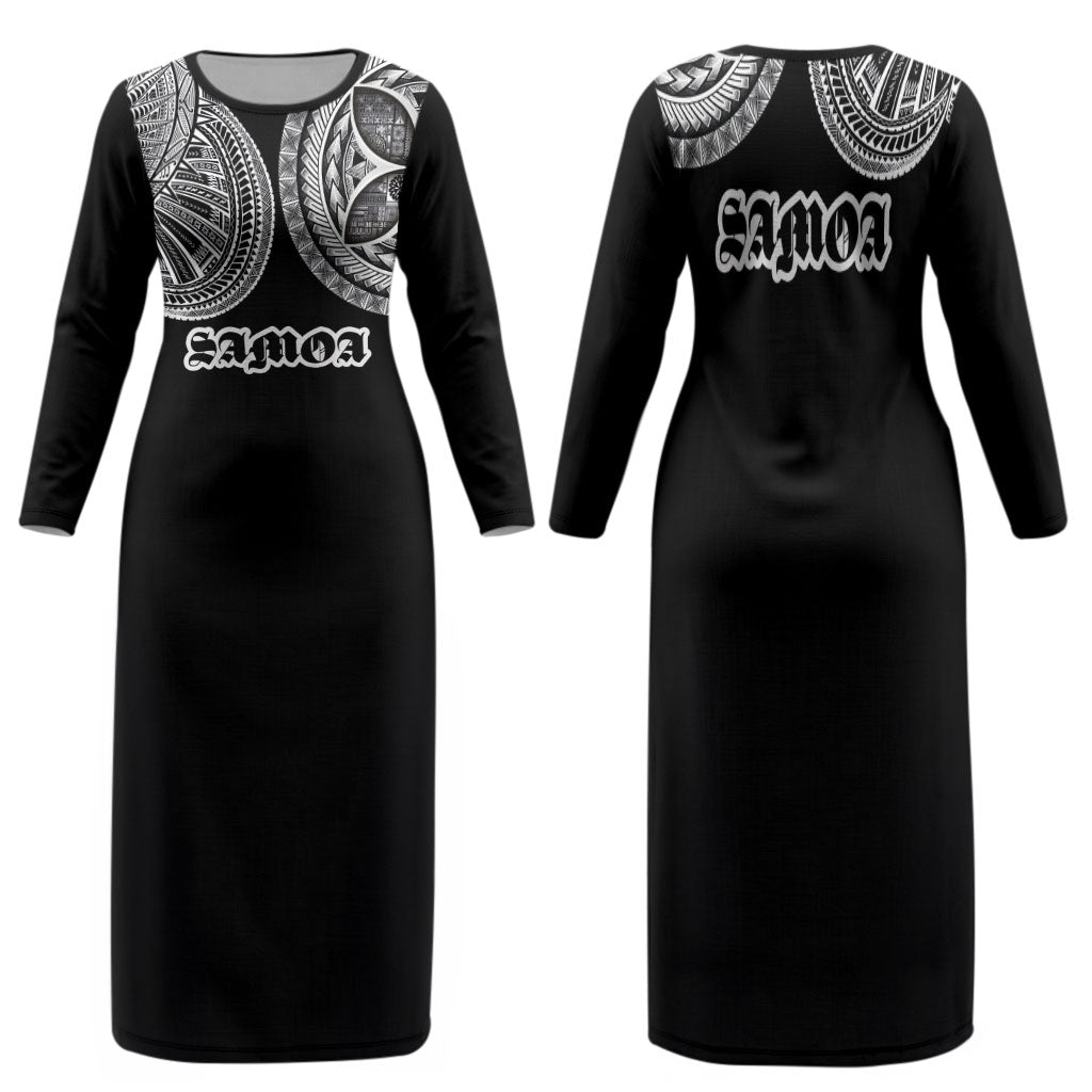Samoa Traditional Tattoo Family Matching Long Sleeve Bodycon Dress and Hawaiian Shirt Tribal Tatau Pattern LT03 Mom's Dress Black - Polynesian Pride