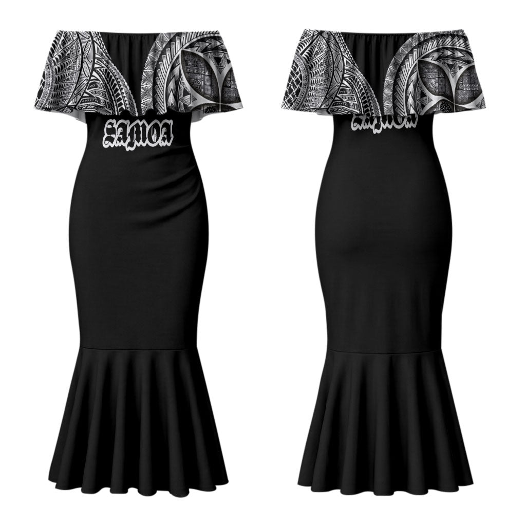 Samoa Traditional Tattoo Family Matching Mermaid Dress and Hawaiian Shirt Tribal Tatau Pattern LT03 Mom's Dress Black - Polynesian Pride